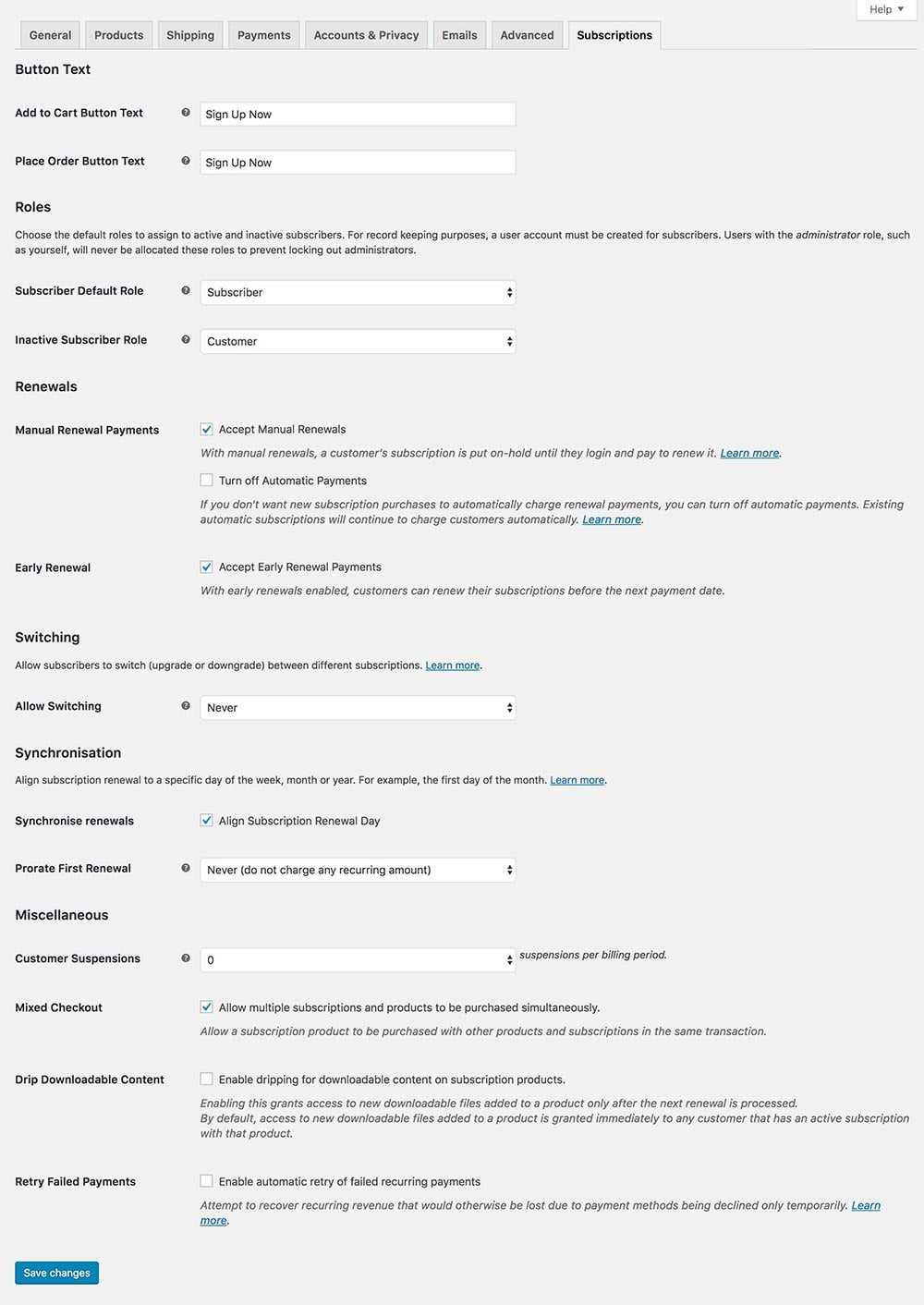 The WooCommerce Subscriptions Options panel