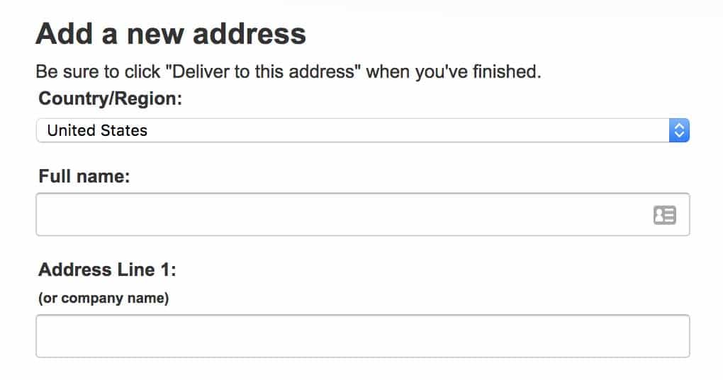 Amazon's checkout form includes Company Name subtext below the Address Line 1 field.