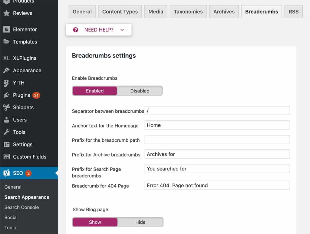 Yoast Breadcrumbs options