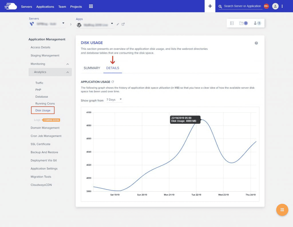 Cloudways managed hosting offers server monitoring features on one click.