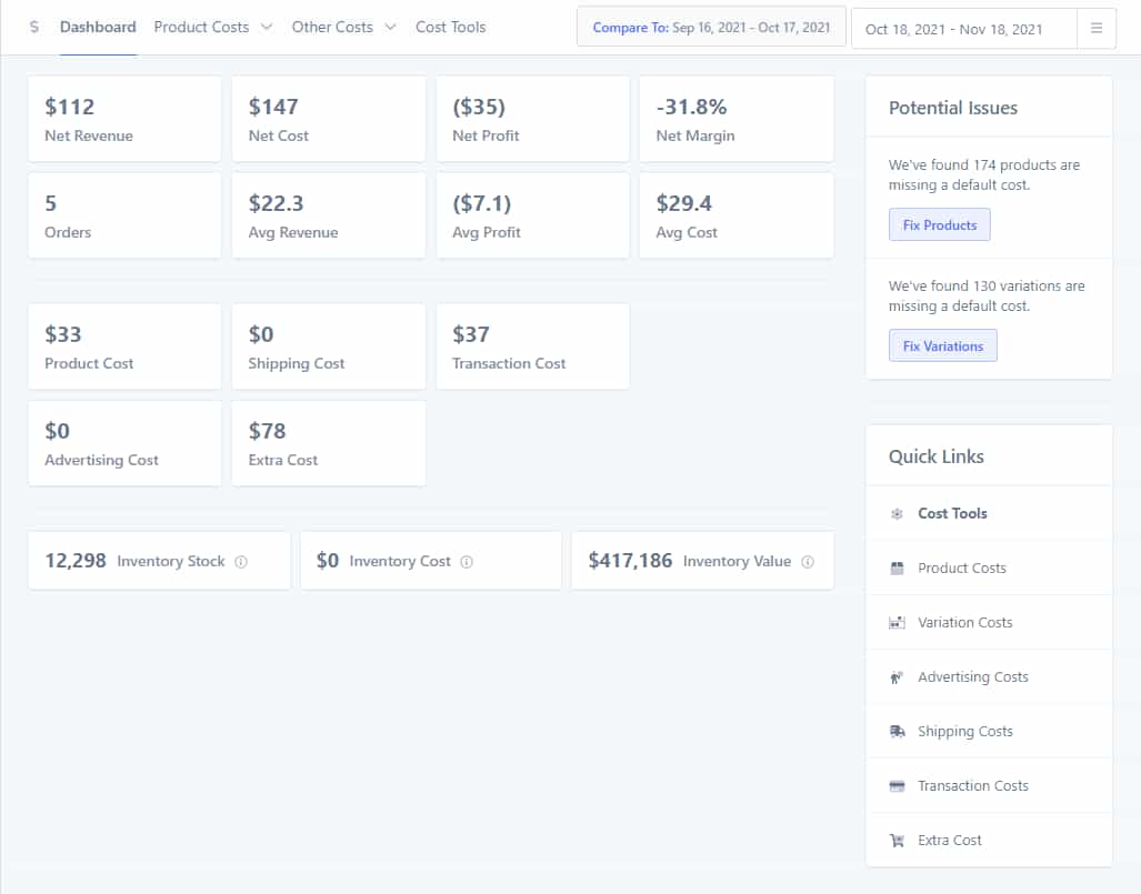 Cost dashboard