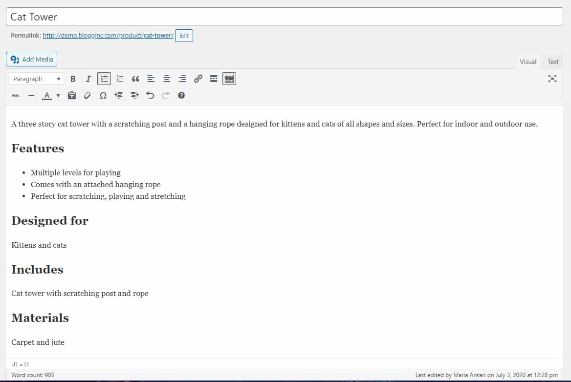 WooCommerce product long description