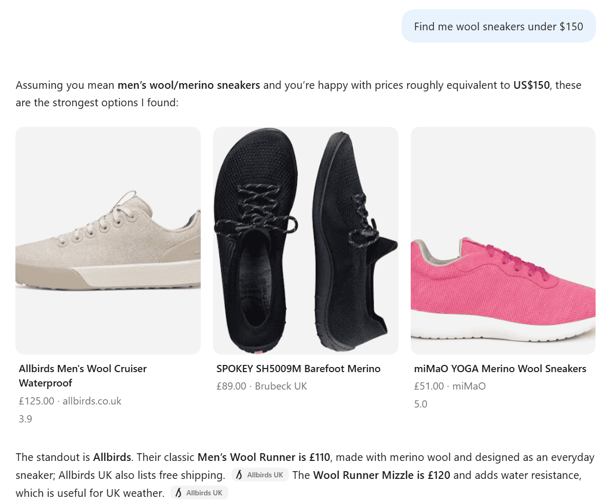 ChatGPT shopping results for wool sneakers, showing a product from Allbirds, a Shopify store