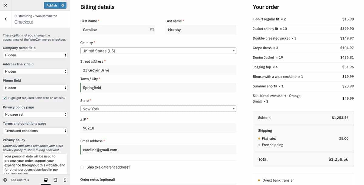 WooCommerce has checkout field options within the customizer