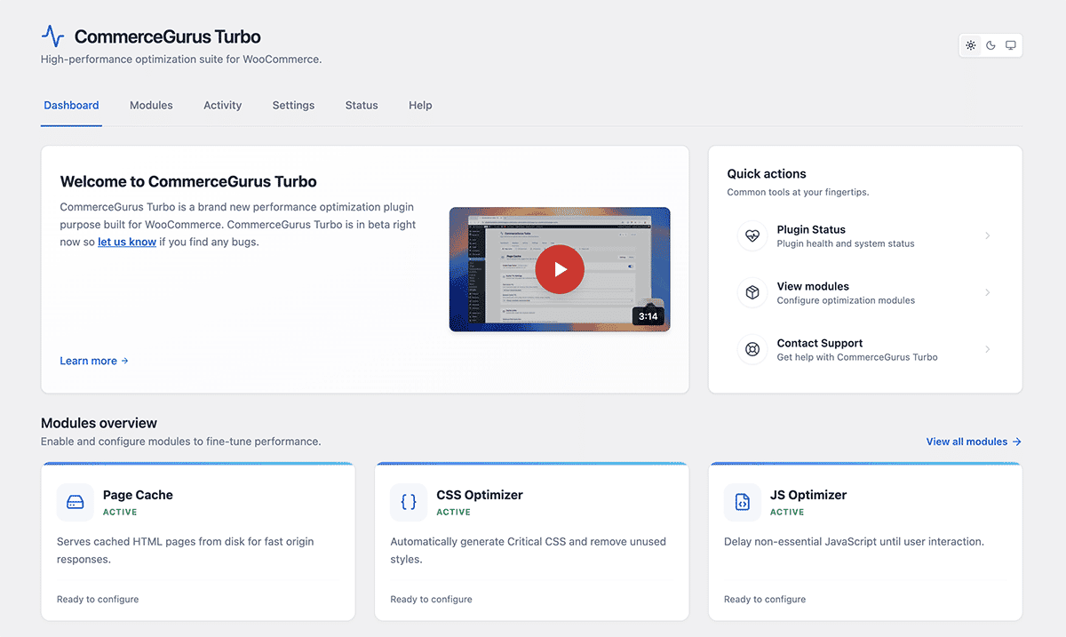 CommerceGurus Turbo Plugin Dashboard