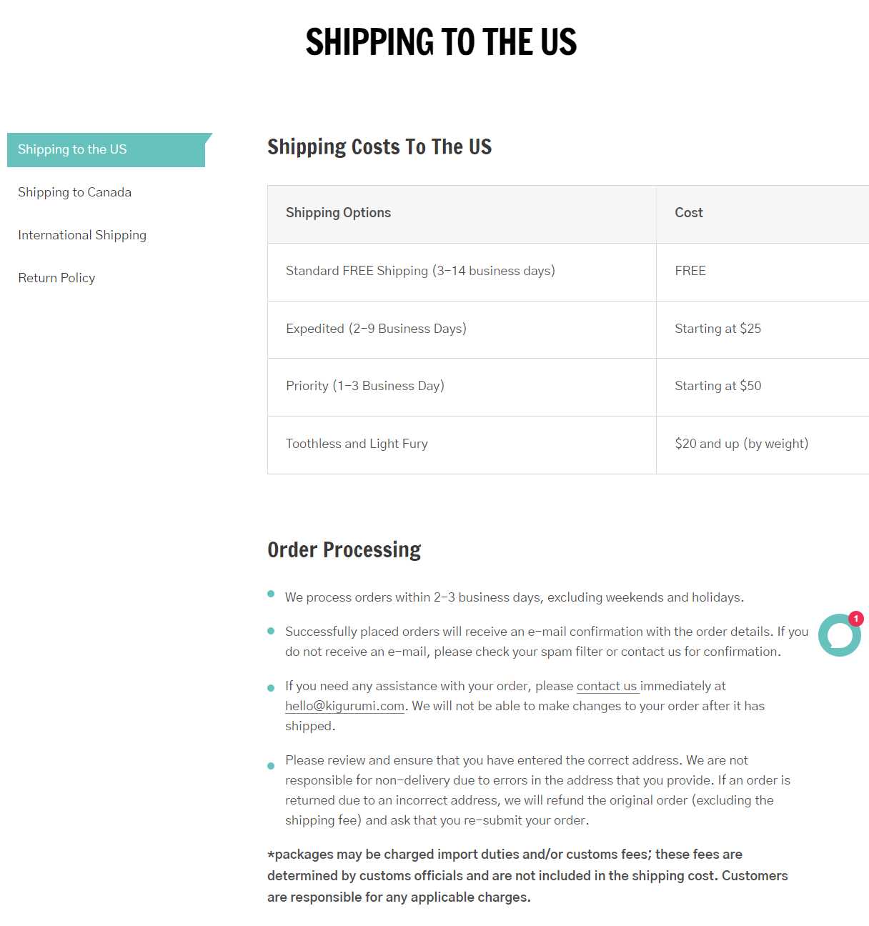 Kigurumi shipping policy
