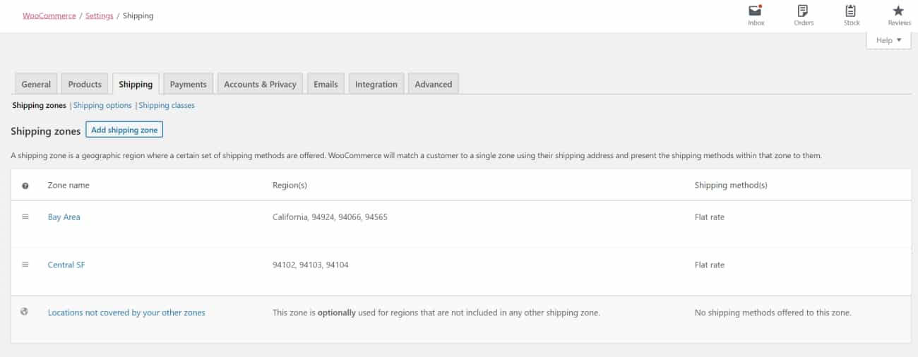 List of WooCommerce shipping zones.