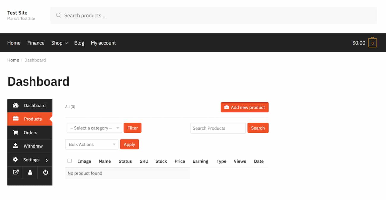 Vendor dashboard