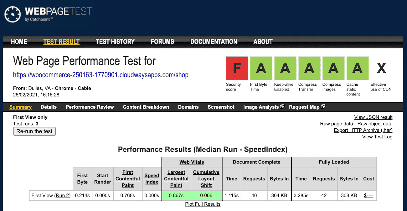 WebPageTest of the shop page