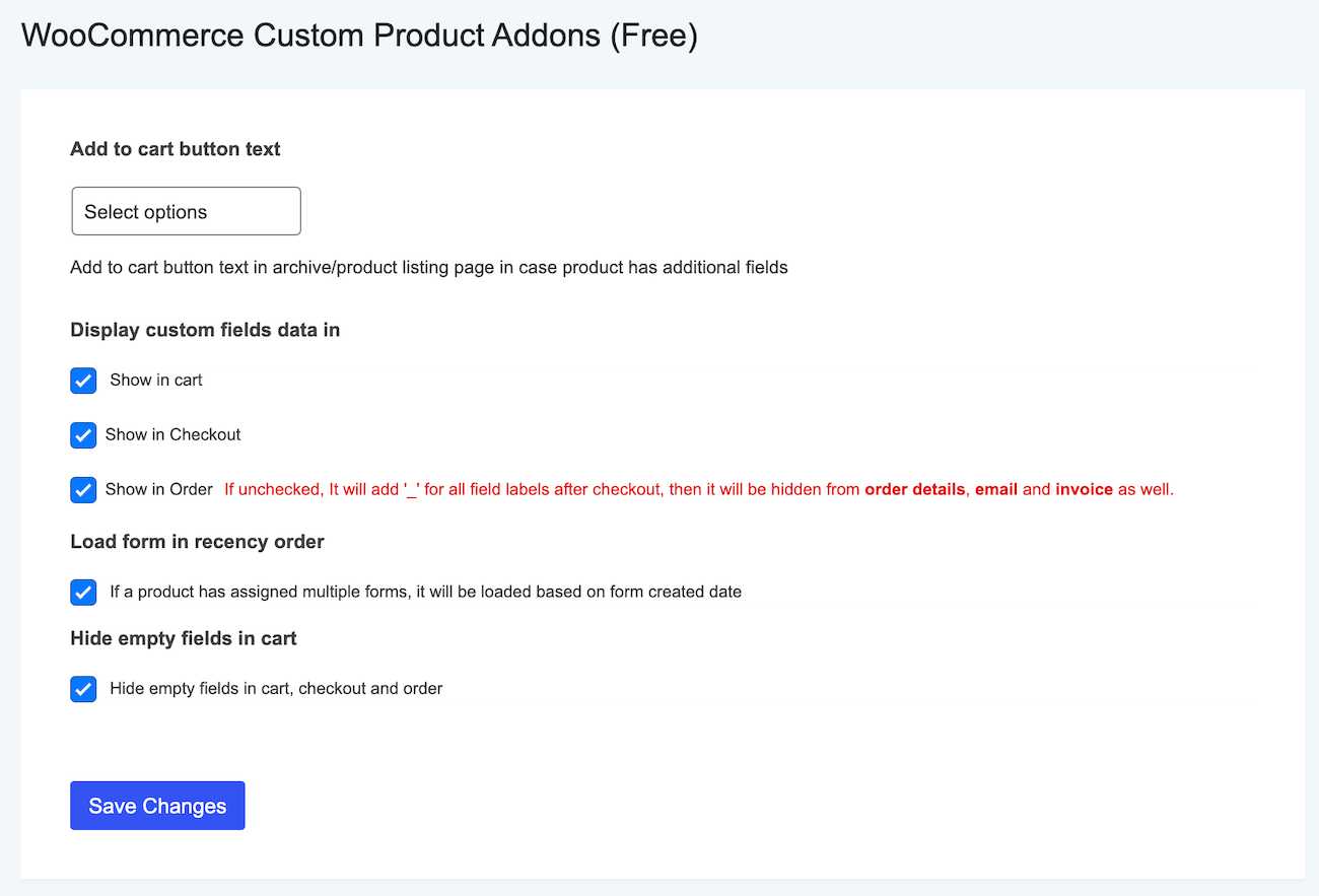 Product Addons for WooCommerce settings page.