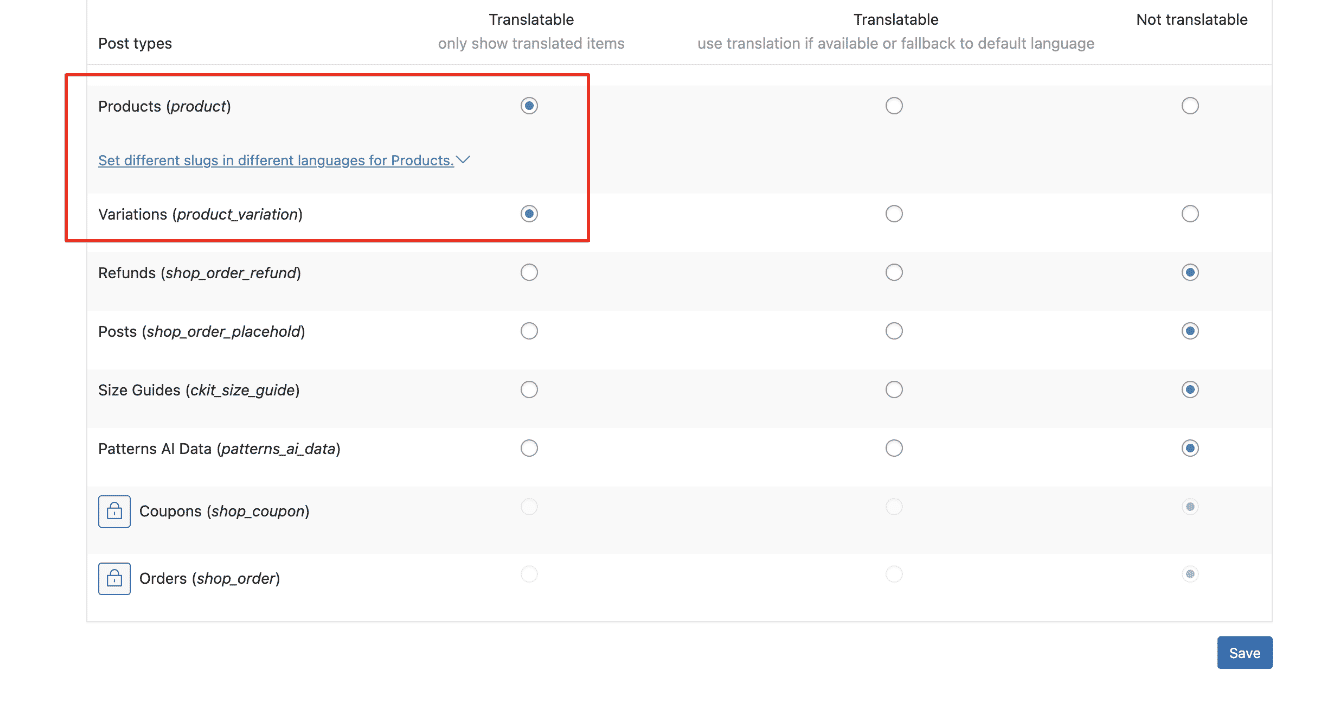 Ensure that Products and Variations are translatable