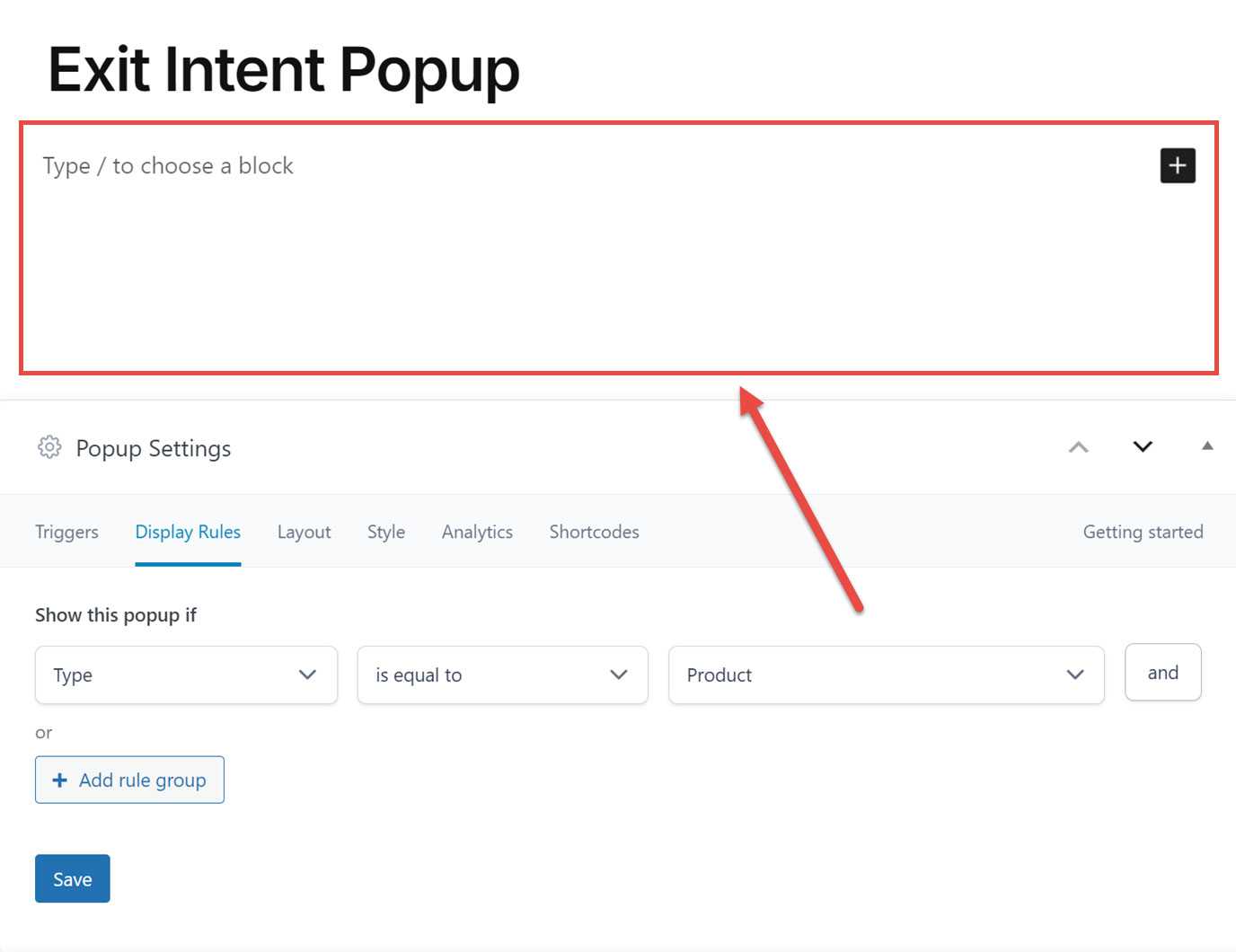 Default WordPress Popup Editor Interface