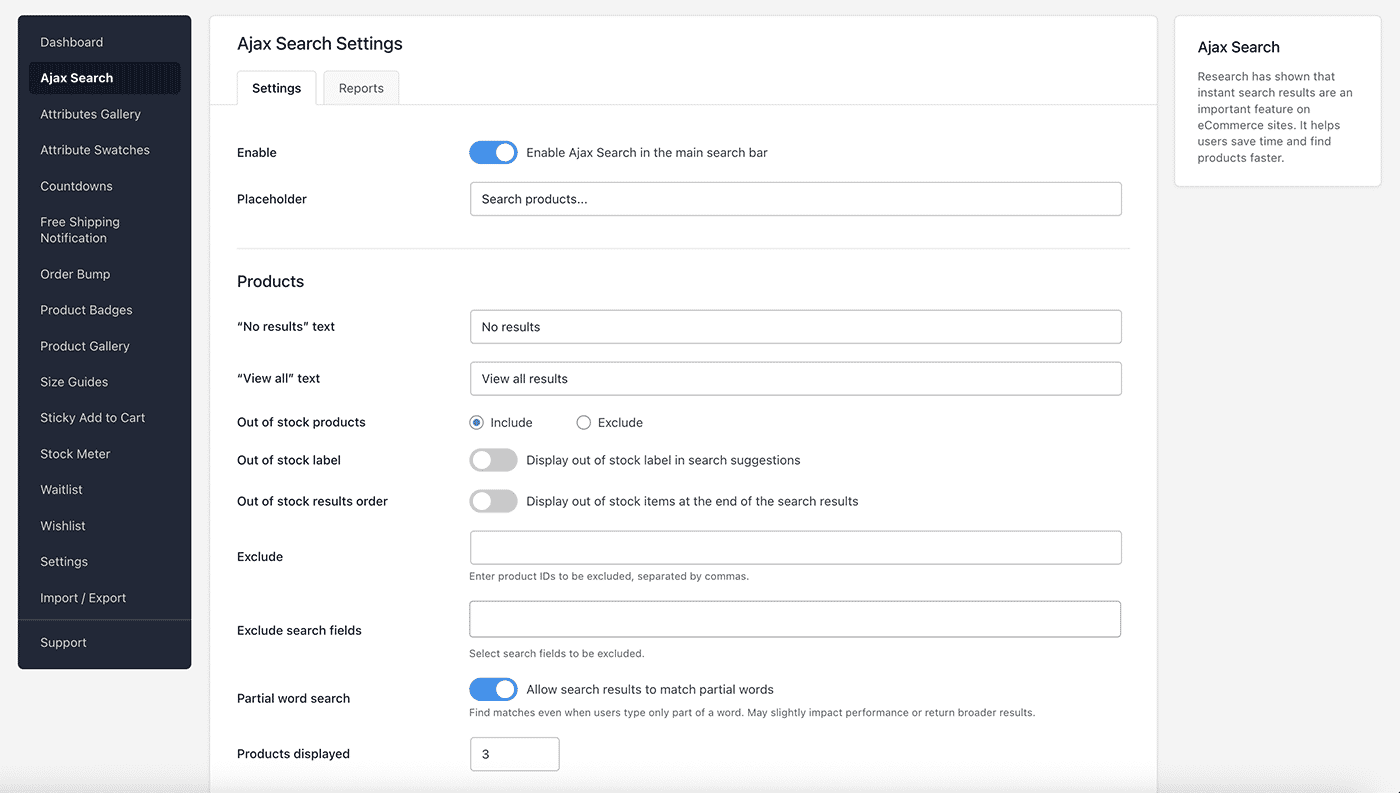 CommerceKit Ajax Search Settings
