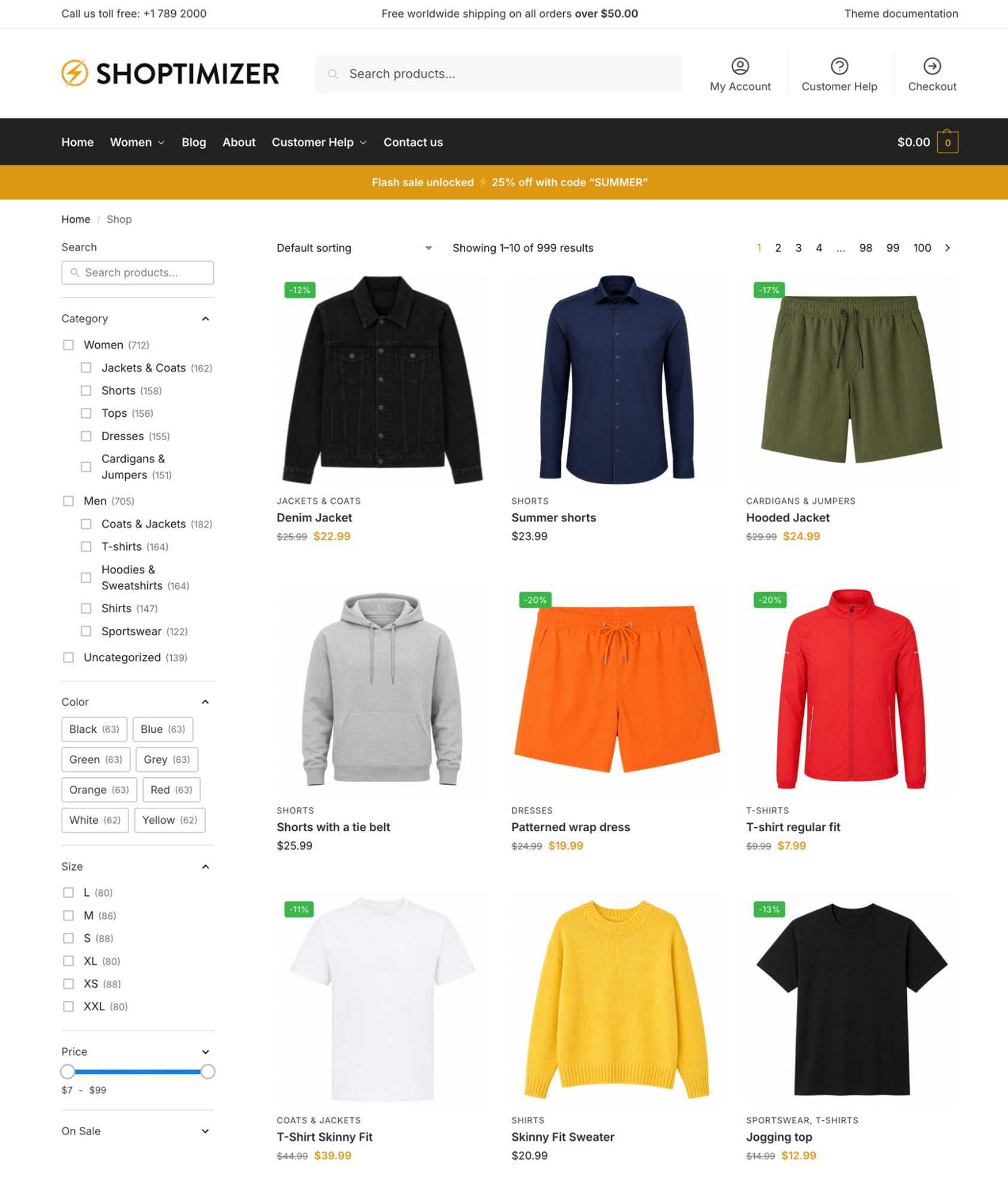 Shoptimizer shop page with the Search & Filter Pro sidebar, showing Category and Size checkboxes with product counts, Color buttons and a Price slider