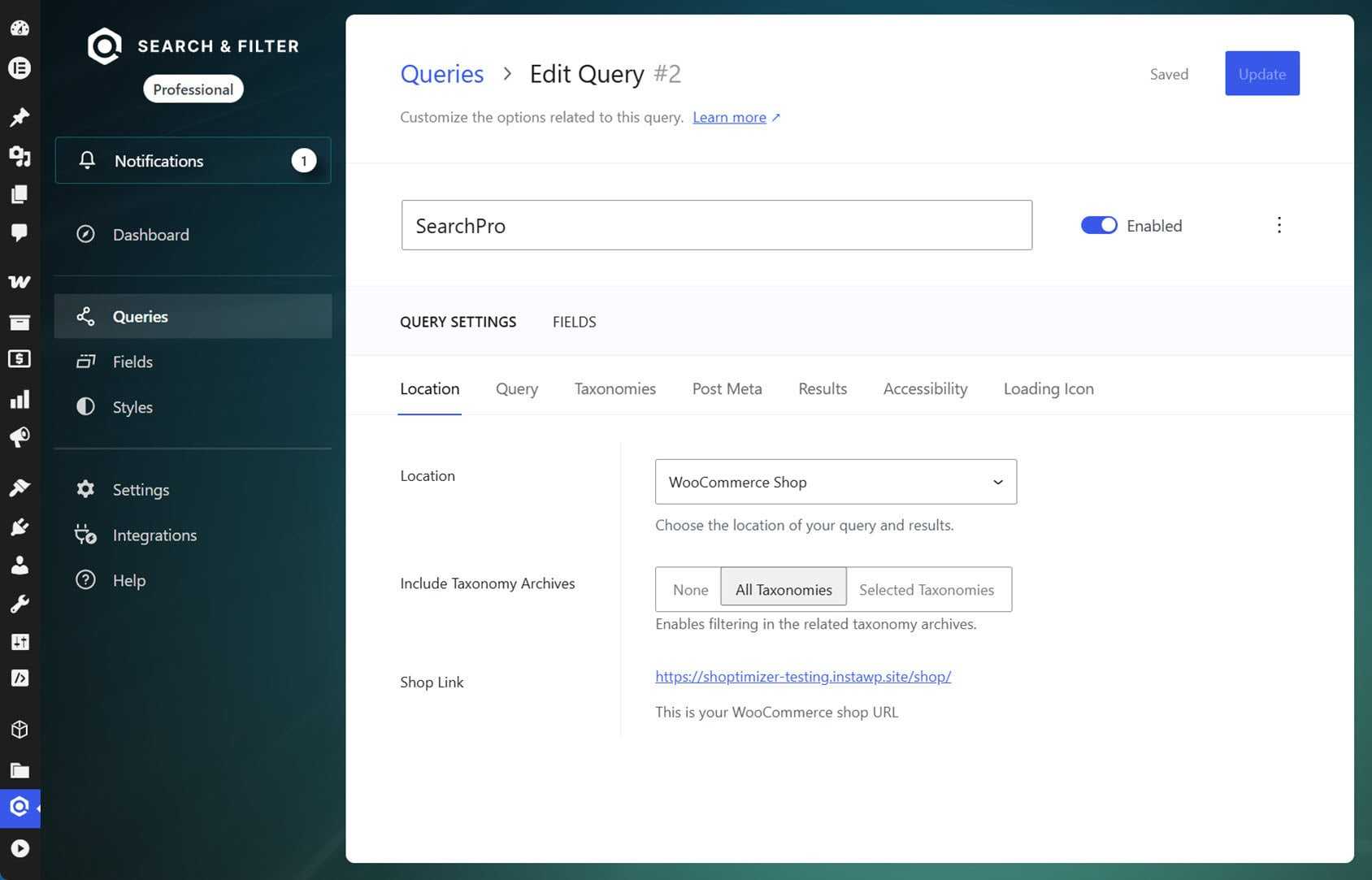 Search & Filter Pro Edit Query screen with Location set to WooCommerce Shop and Include Taxonomy Archives set to All Taxonomies