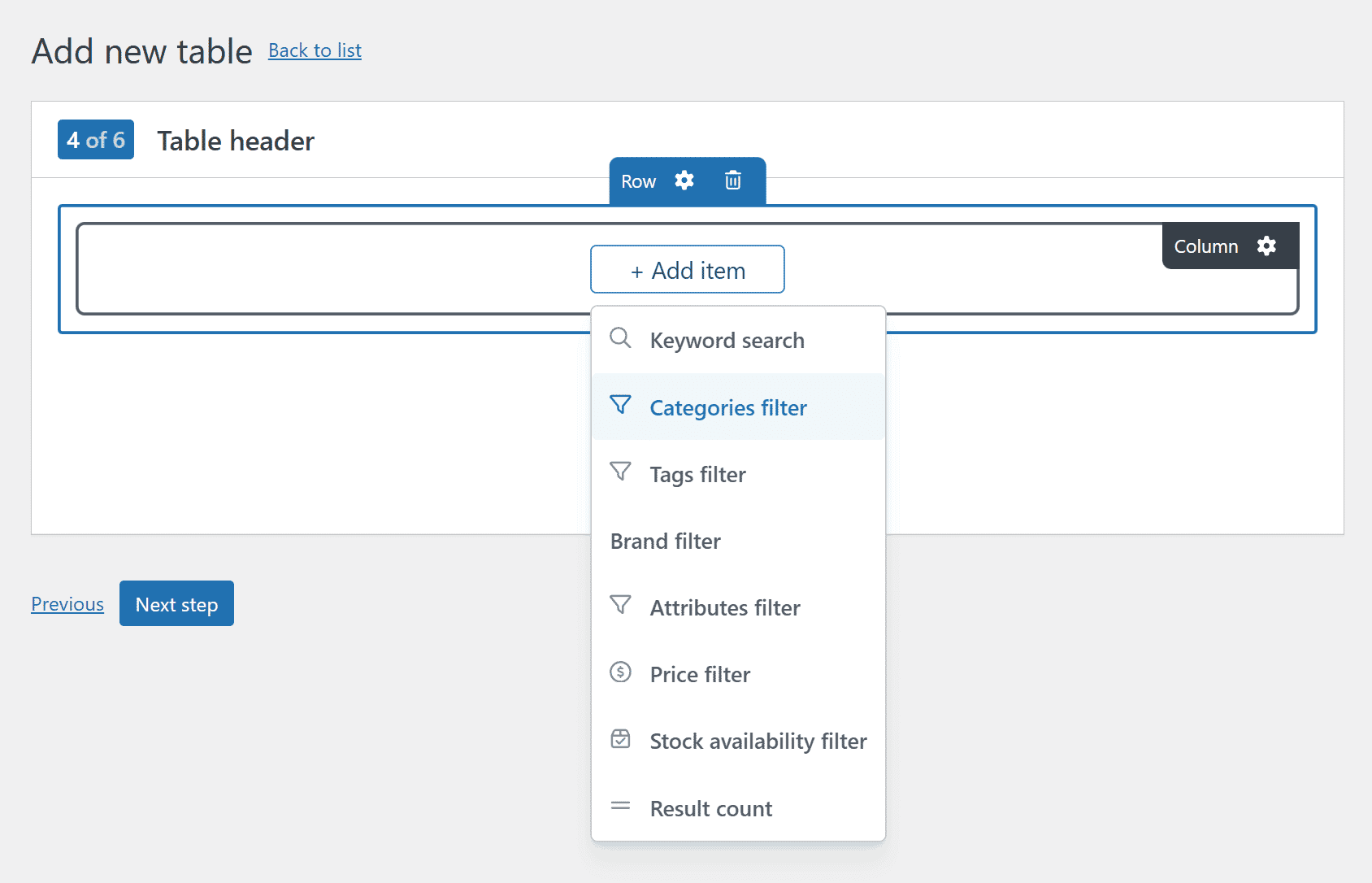 Example table header