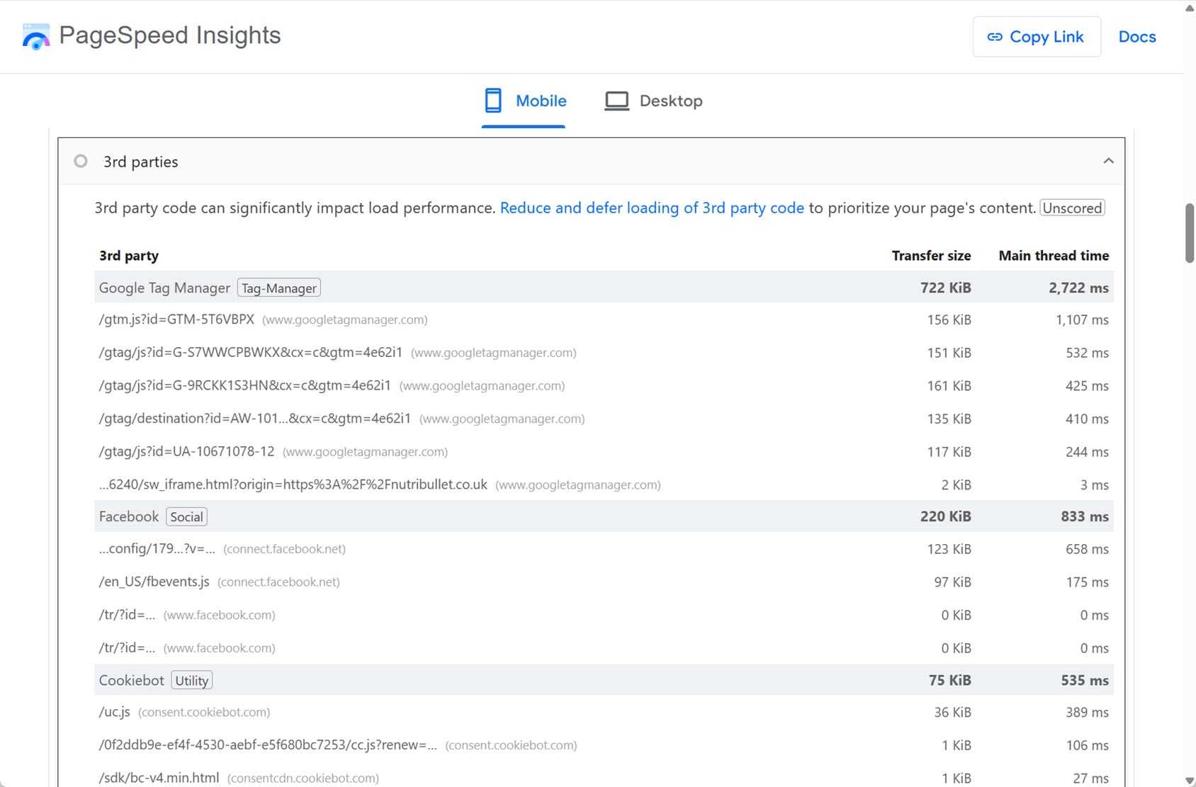 PageSpeed Insights 3rd Party Scripts Report