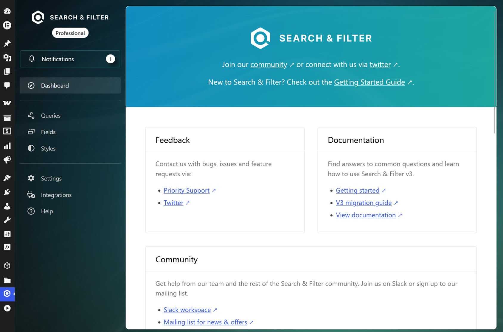 Search & Filter Pro dashboard in the WordPress admin, with Queries, Fields, Styles and Integrations in the plugin menu