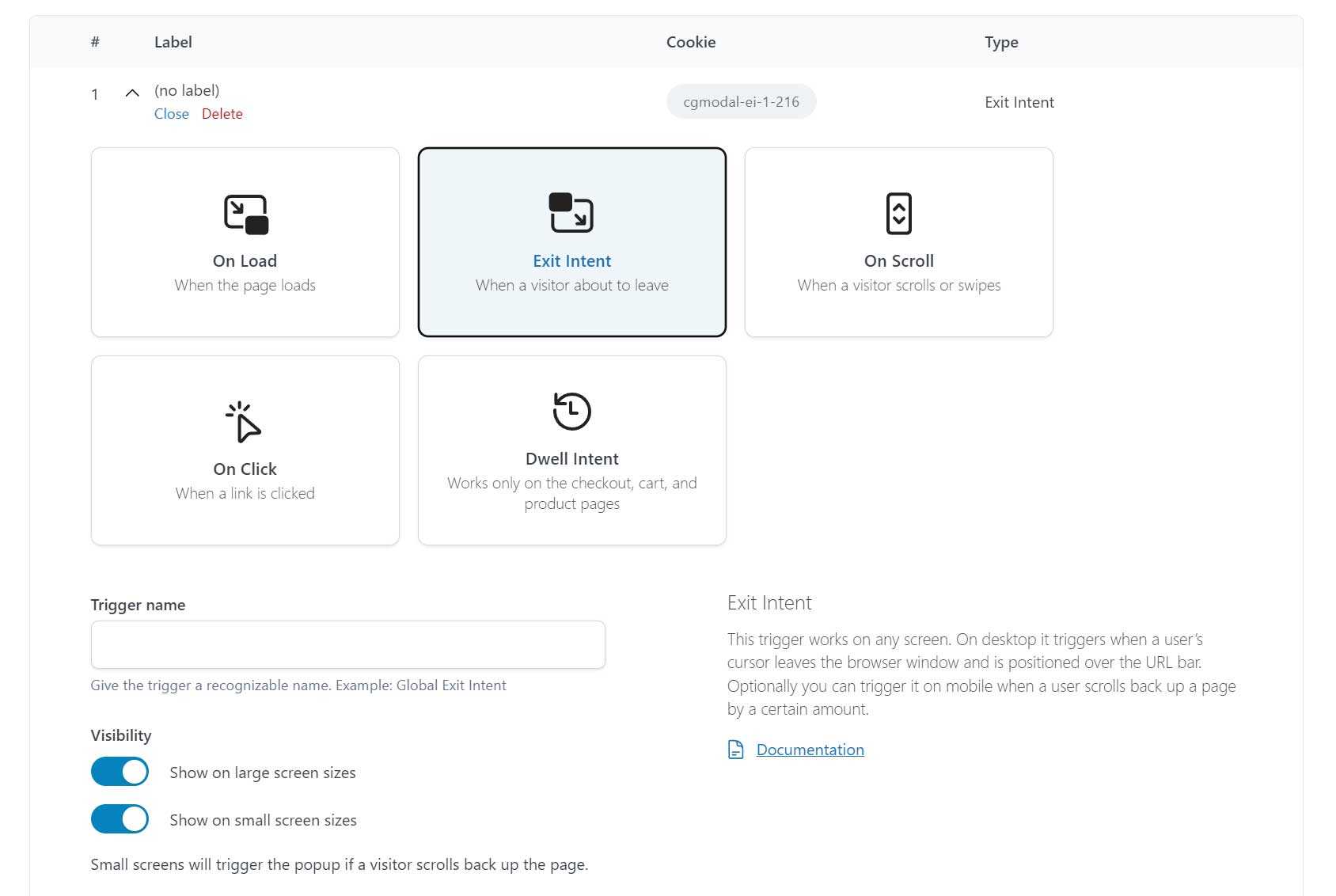 Exit Intent Popup Settings Example