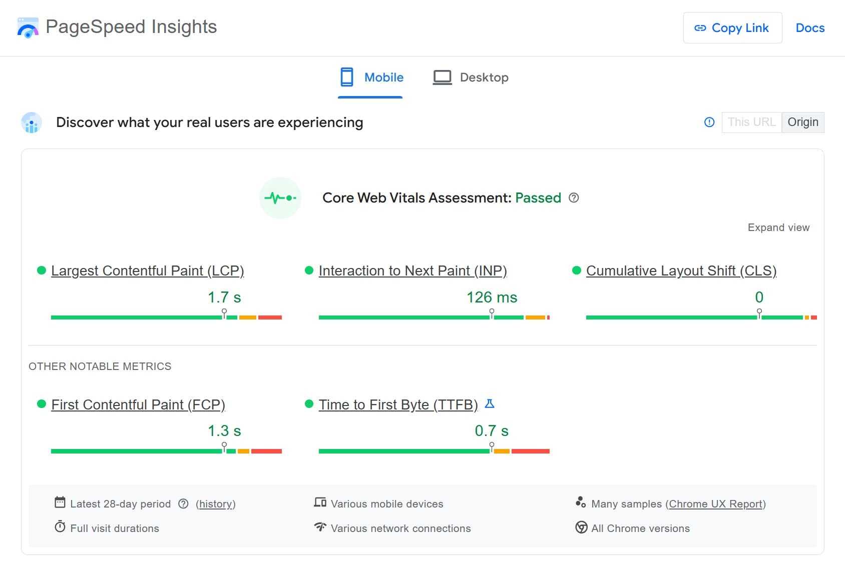 LCP Testing in PageSpeed Insights