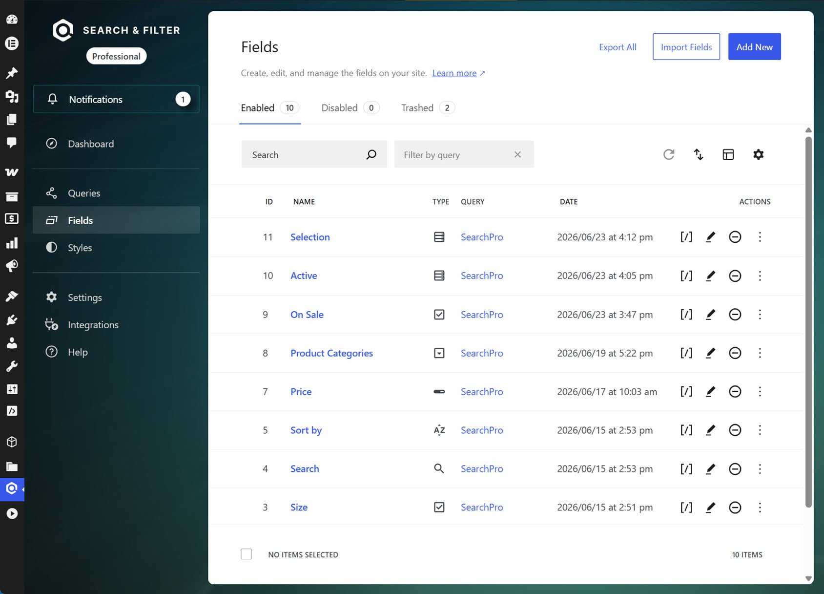 Search & Filter Pro Fields screen listing the test store's fields, including Selection, On Sale, Product Categories, Price, Sort by, Search and Size