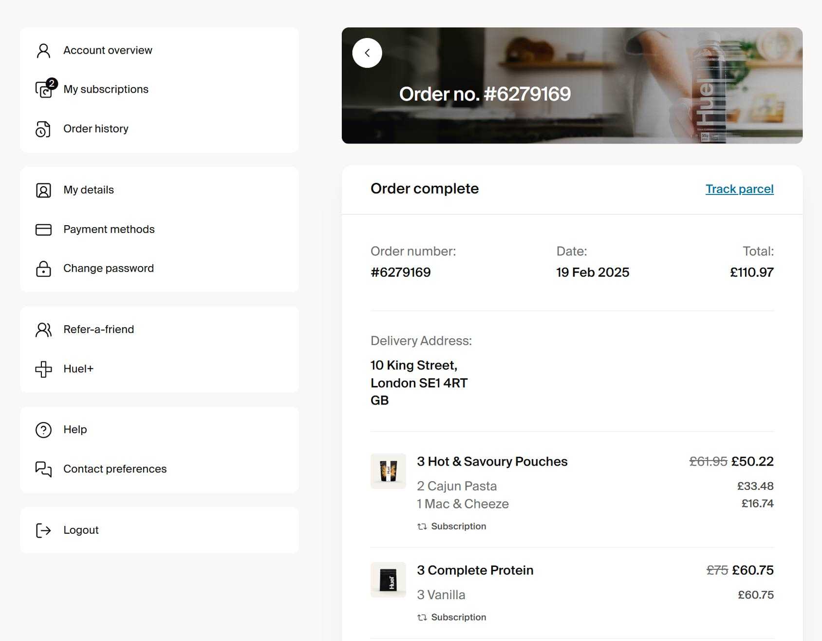 Huel Order Confirmation Page