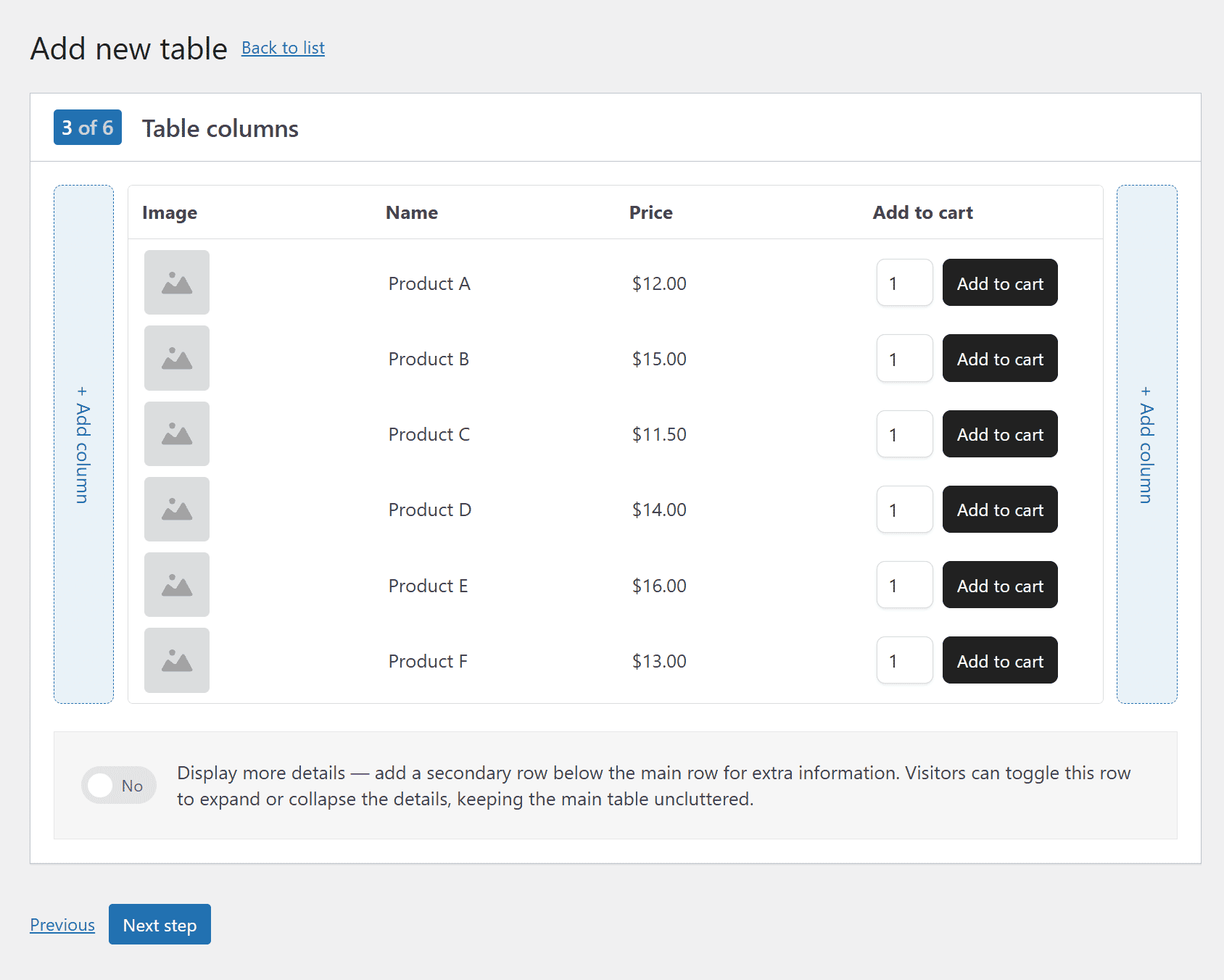 Choosing the table columns.
