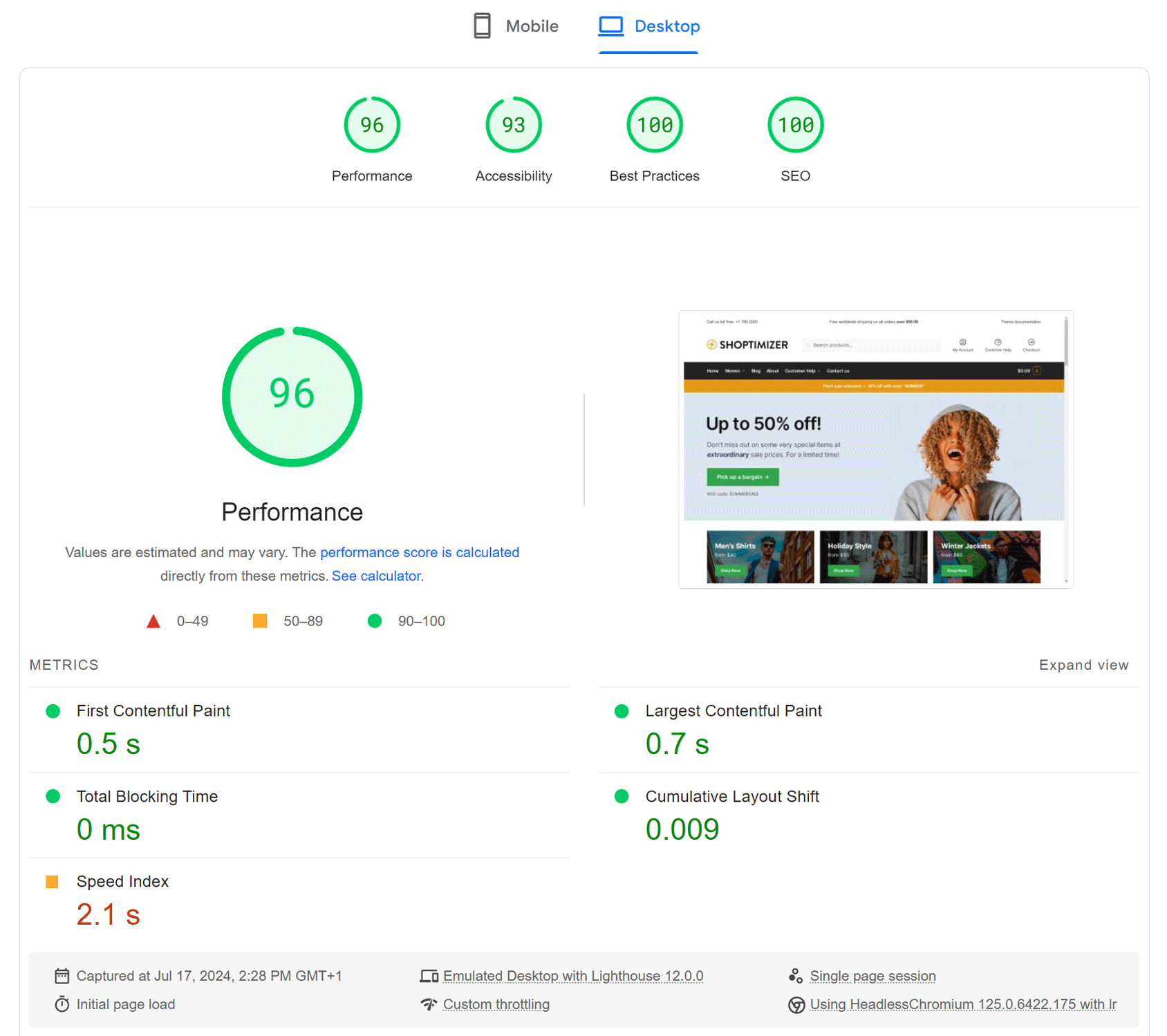 PageSpeed Insights Test Results Before FlyingPress Desktop