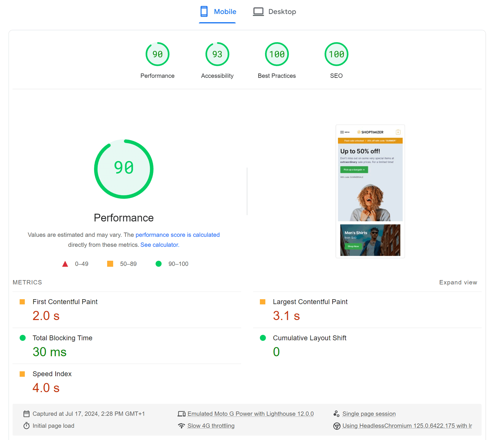 PageSpeed Insights Test Results Before FlyingPress Mobile
