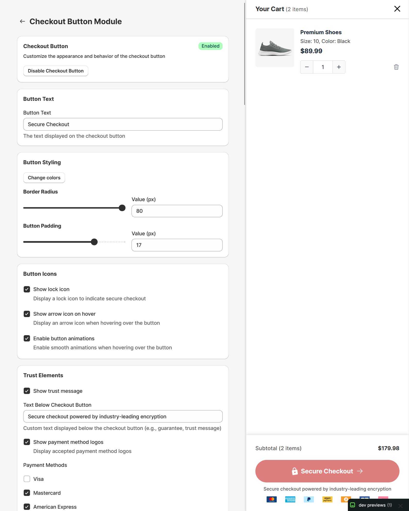 Cart drawer checkout button settings.