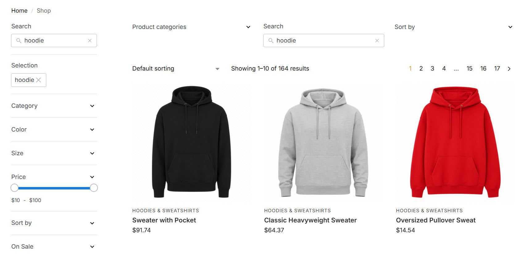Shop page search for "hoodie" showing 164 results from the Hoodies & Sweatshirts category, with product titles such as "Sweater with Pocket" that don't contain the word