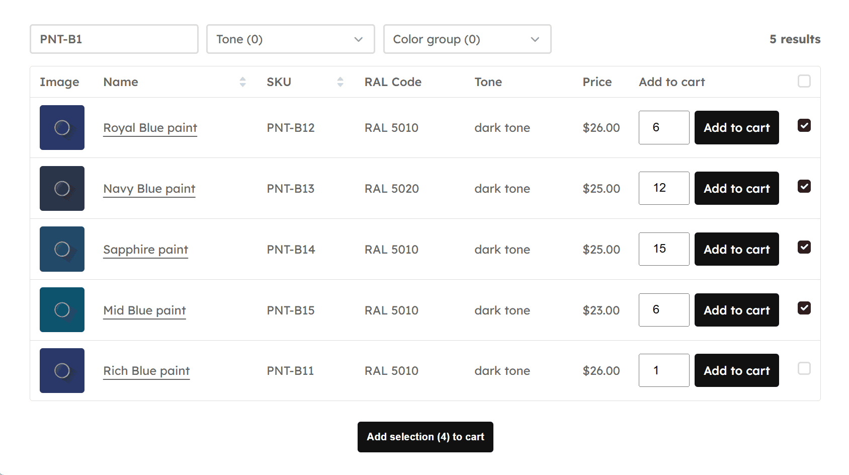 SKU Table Filter