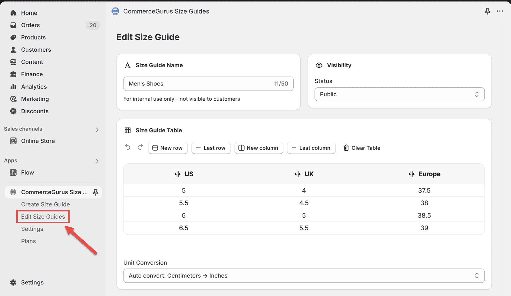 Editing the Size Guide