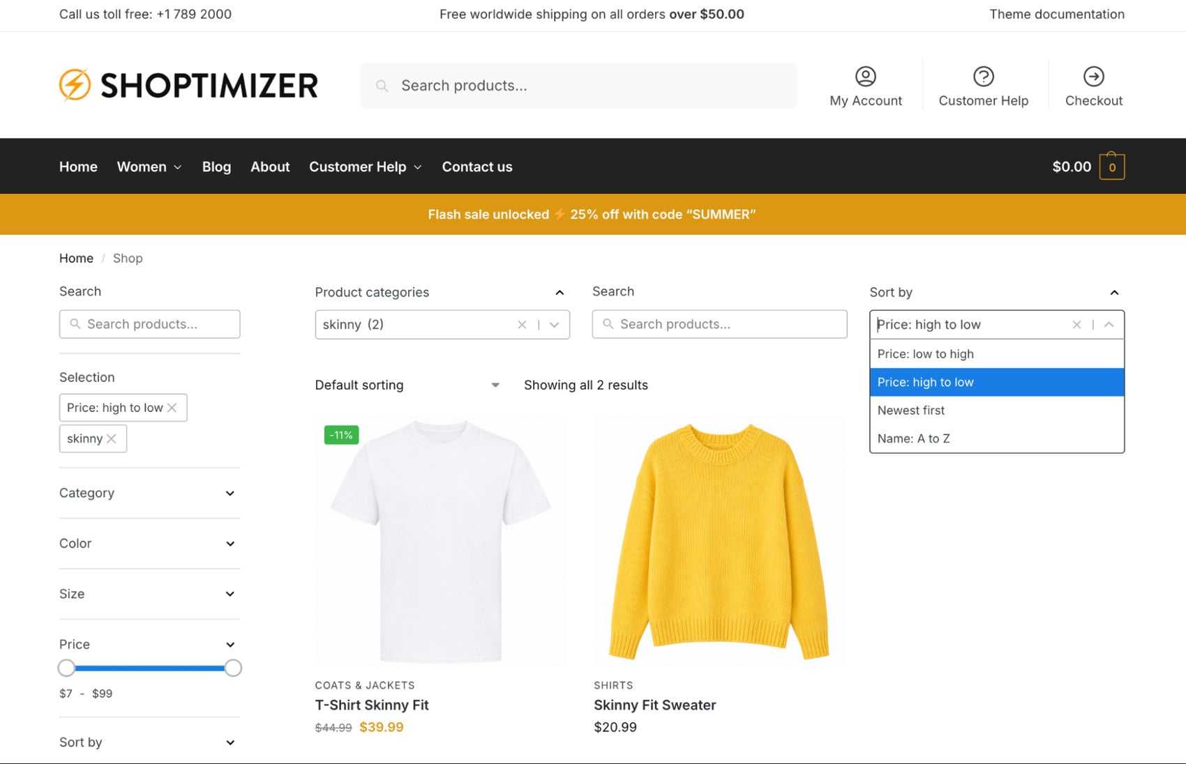 Shoptimizer shop page with Search & Filter fields in both the sidebar and a row above the product grid, the Sort by dropdown open, and "skinny" and "Price: high to low" shown as Selection chips