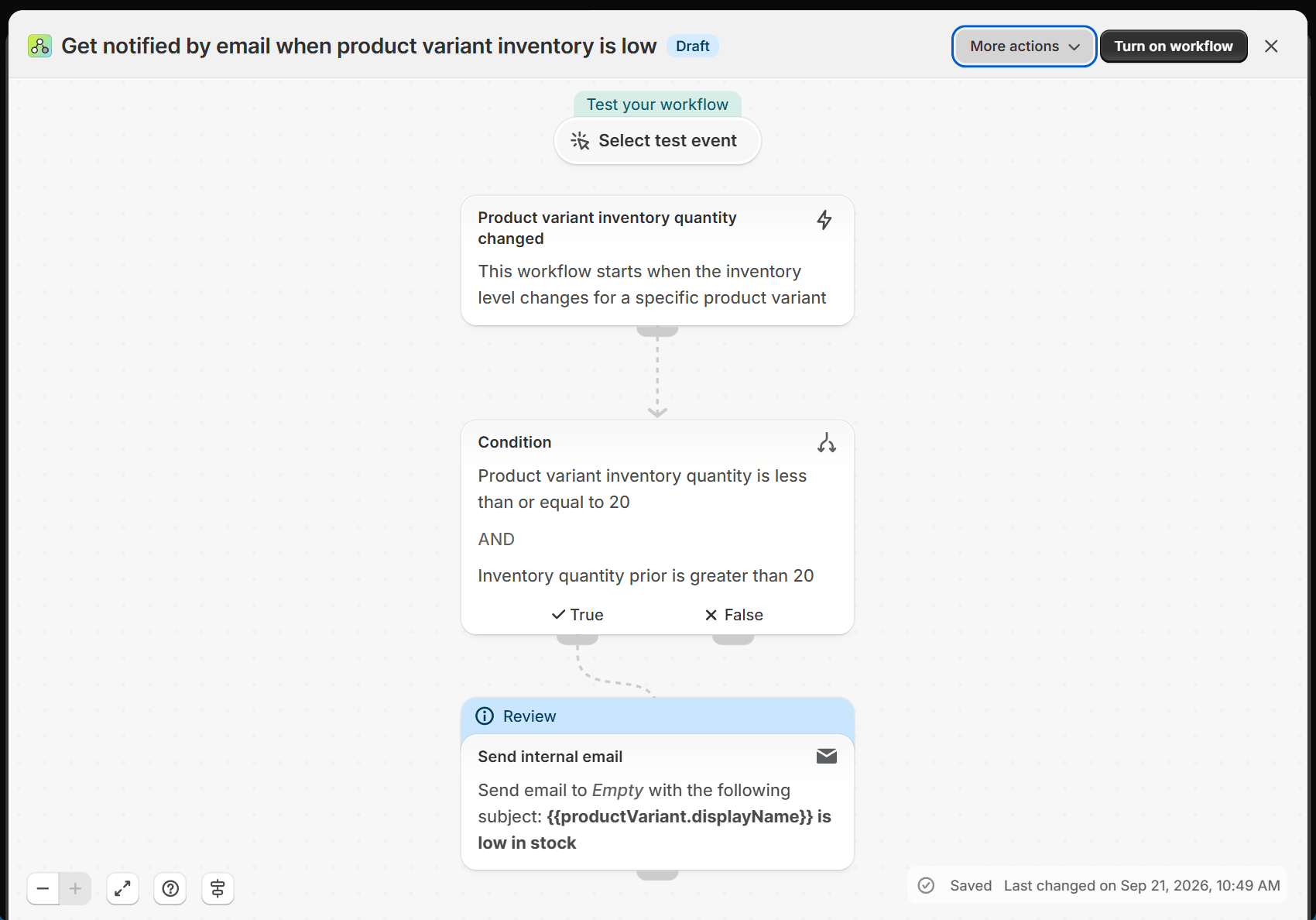 Shopify Flow workflow that sends an email when a product variant's inventory runs low