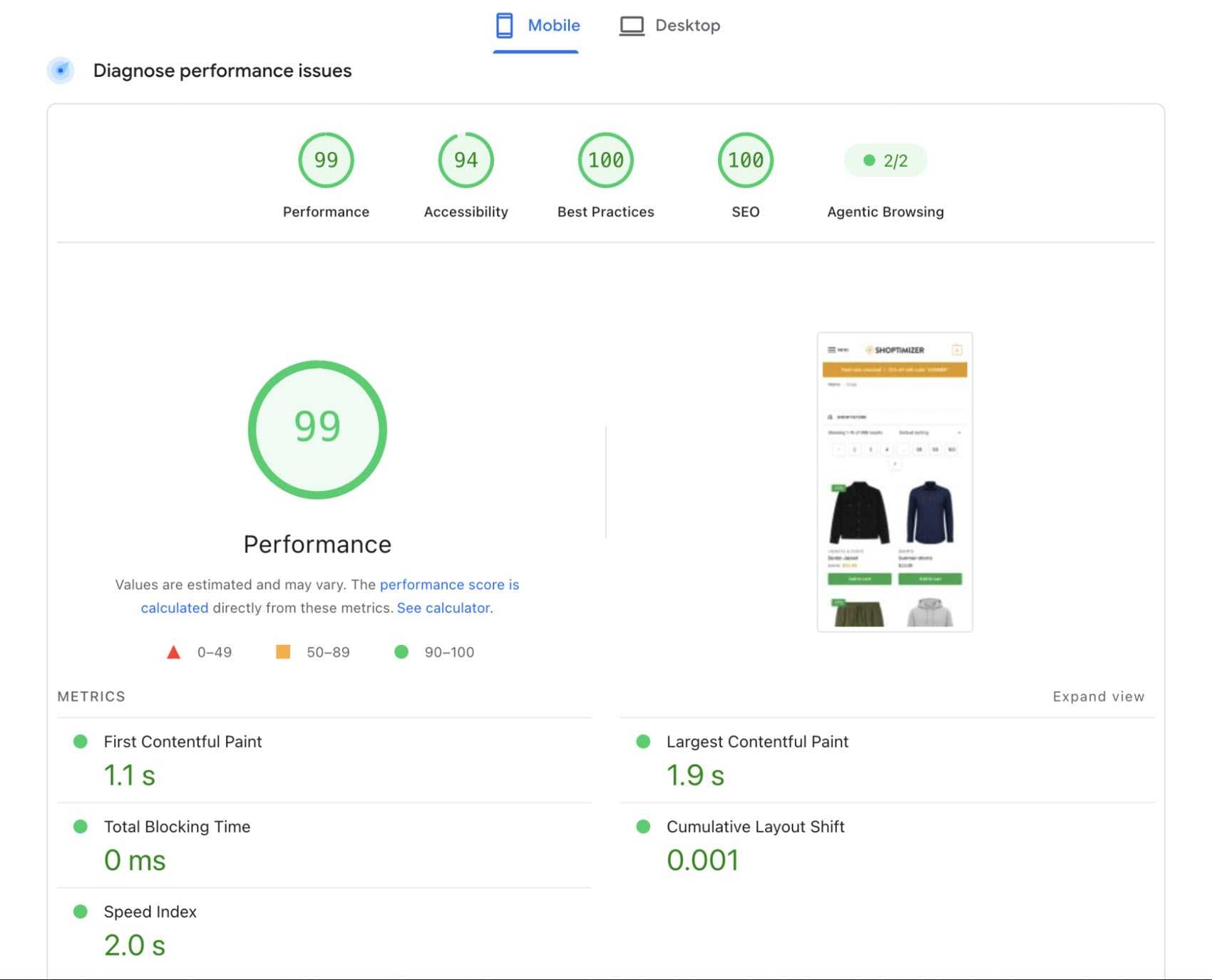 PageSpeed Insights Mobile report for the Shoptimizer test store's shop page, showing a Performance score of 99, an LCP of 1.9 seconds and 0 ms Total Blocking Time