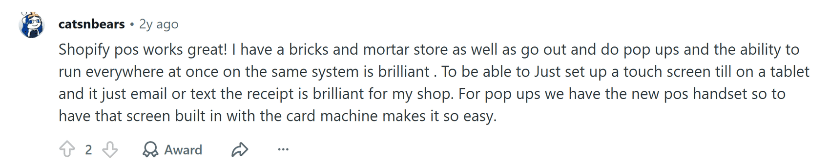 Reddit comment from a shop owner who runs a bricks and mortar store and pop-ups on Shopify POS