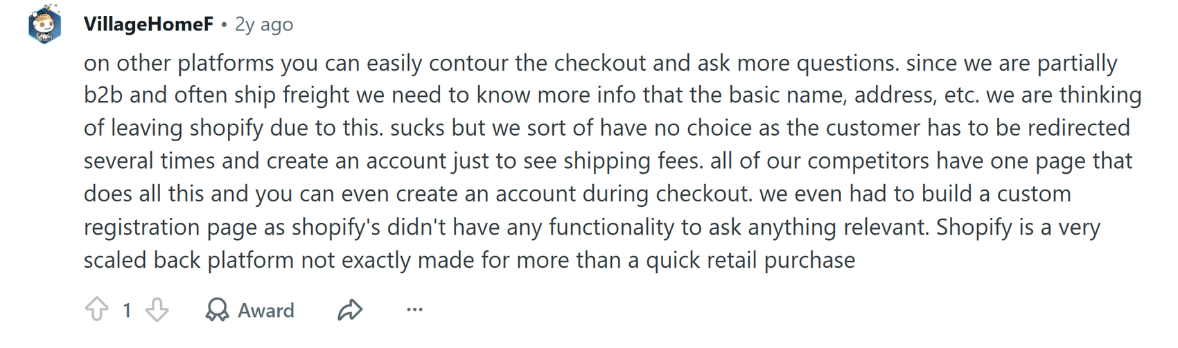 Reddit comment from a part-B2B seller who ships freight, saying Shopify's checkout can't collect the extra information they need
