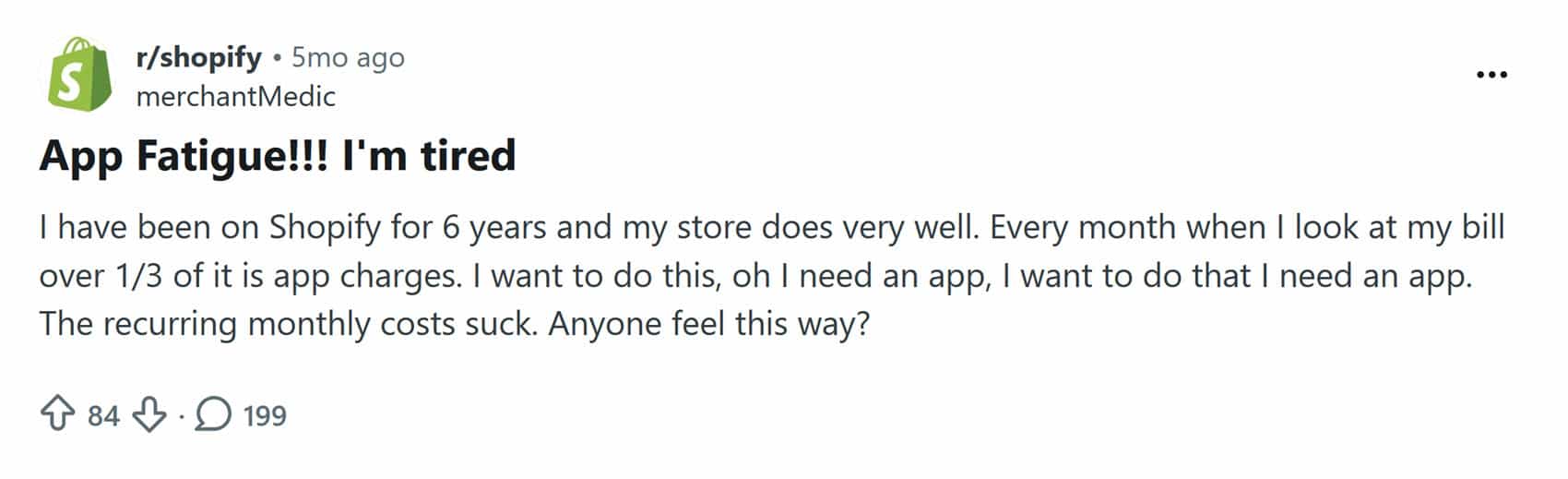 Reddit thread on Shopify app fatigue and monthly app charges