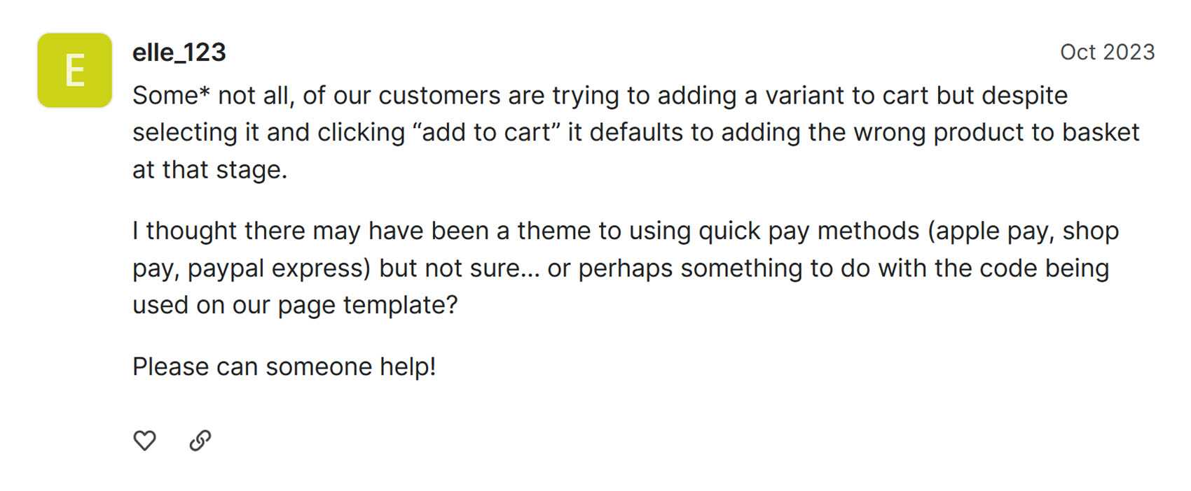 WooCommerce vs Shopify reliability: Shopify forum thread on the wrong variant being added to cart