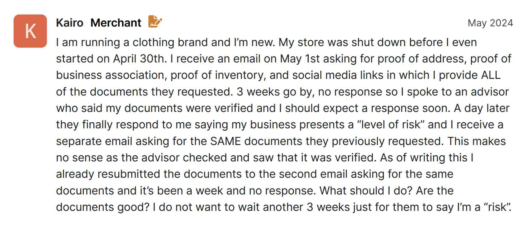 Shopify forum thread from a merchant whose store was shut down for a month