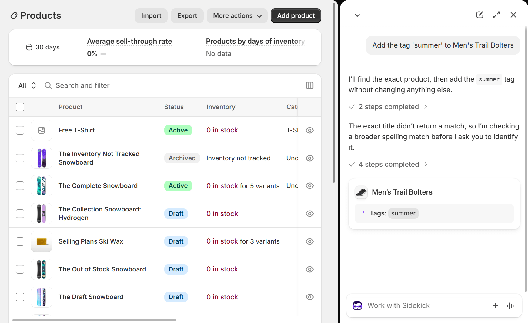 Sidekick, one of the Shopify AI features, adding a product tag from a plain-language request in the Shopify admin