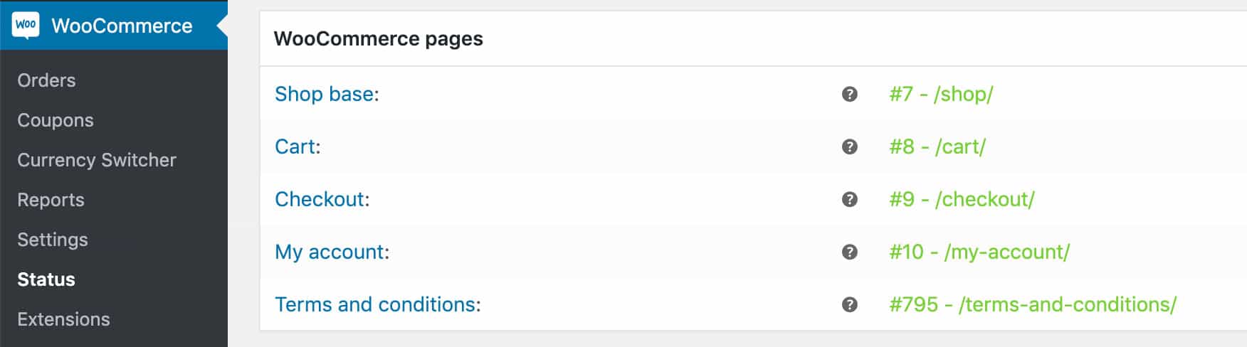 WooCommerce Status - Pages