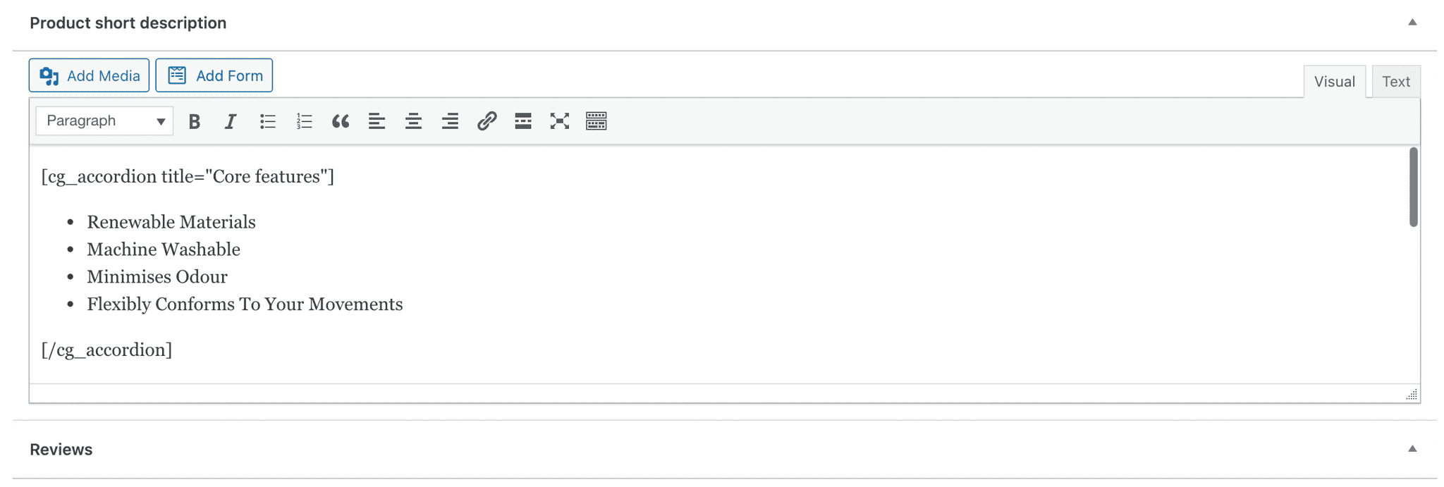 Product short description editor