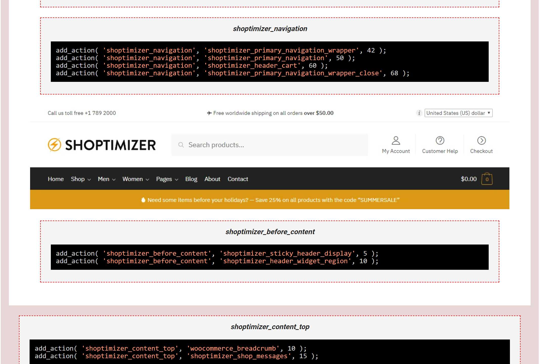 Shoptimizer WooCommerce hooks visual guide