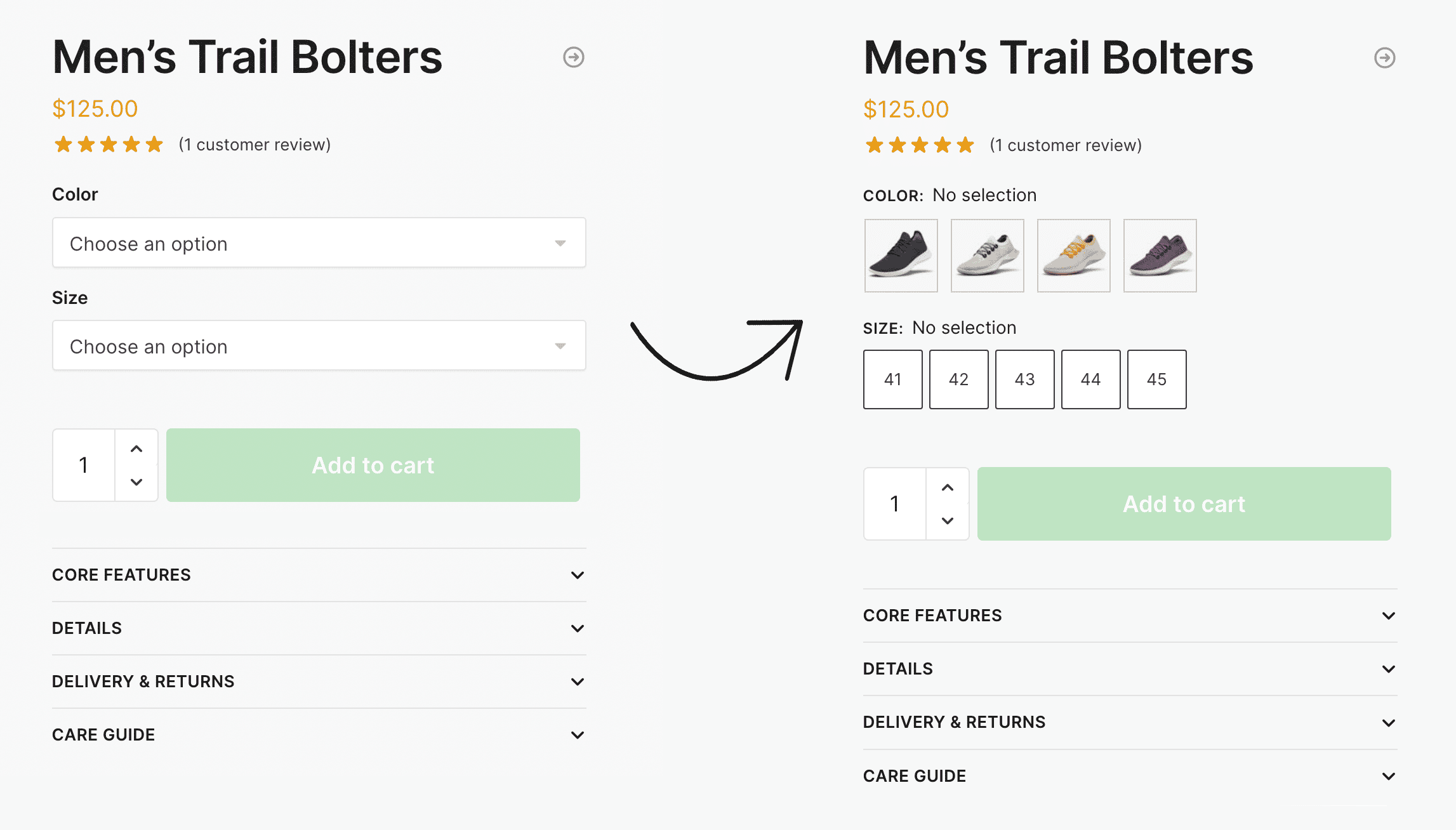 Left: Default WooCommerce variations. Right: With CommerceKit Attribute Swatches Enabled