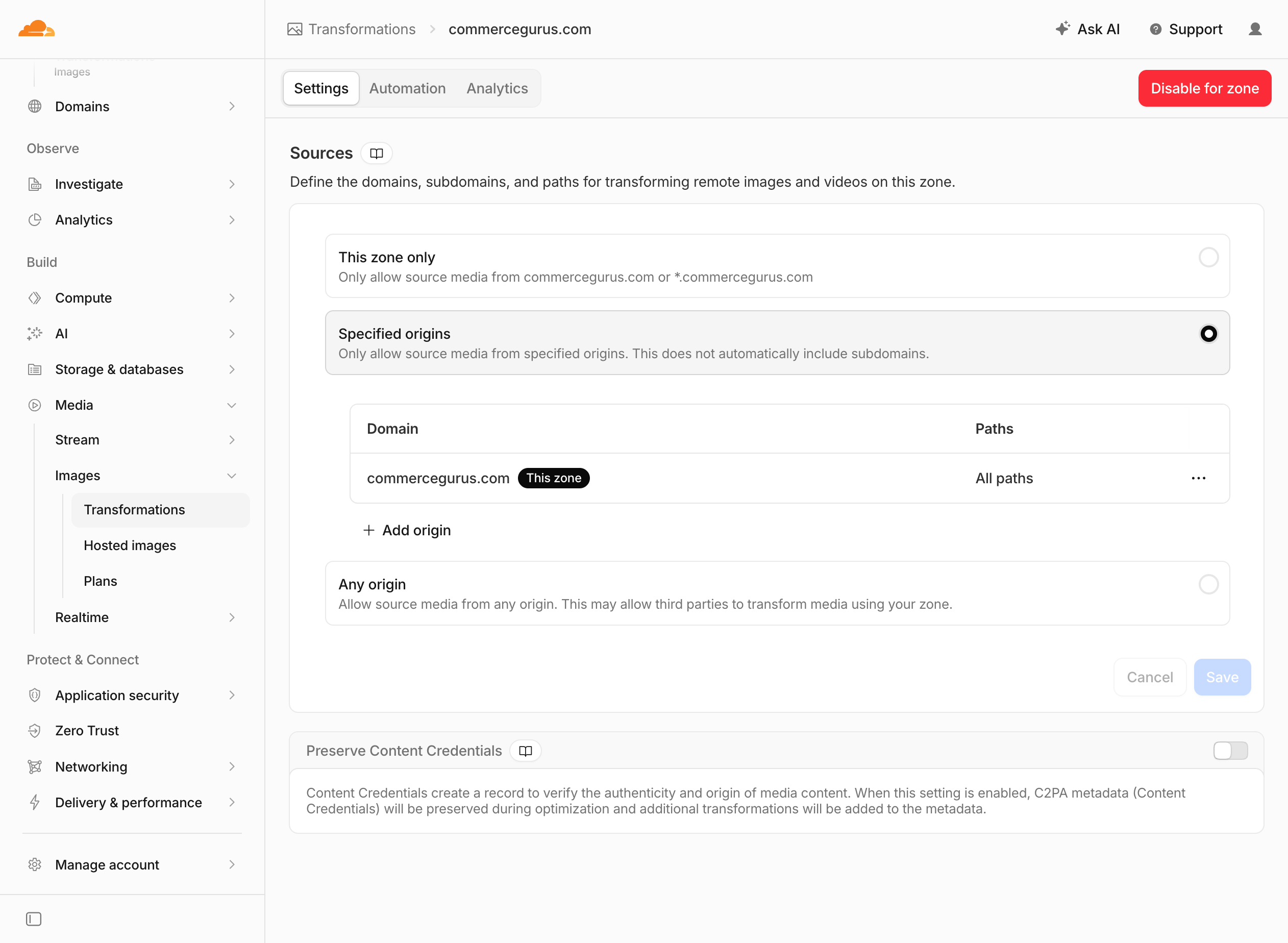 Cloudflare Transformations Settings
