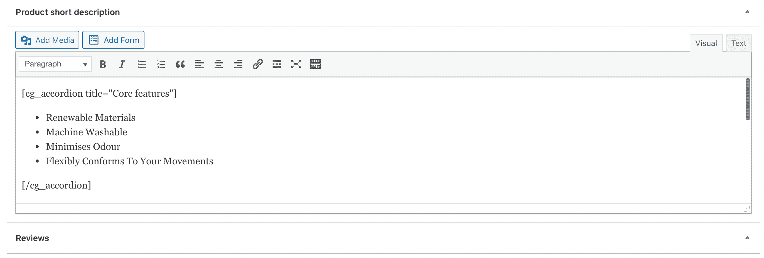 Product short description editor