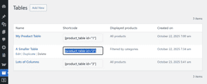 Table shortcode