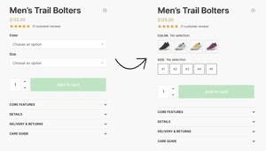 Left: Default WooCommerce variations. Right: With CommerceKit Attribute Swatches Enabled